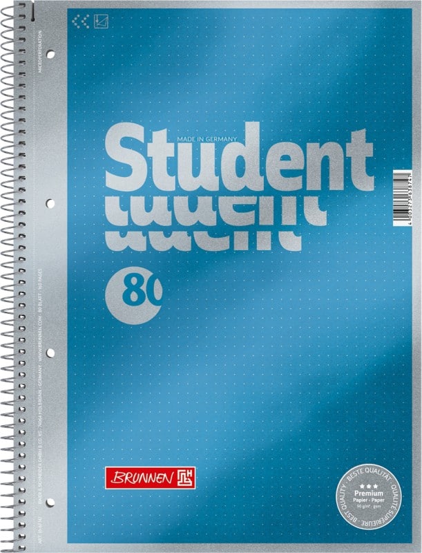 BRUNNEN Student Premium Collegeblock DIN A4 Punktkariert Spiralbindung Pappkarton Blau Perforiert 160 Seiten 80 Blatt