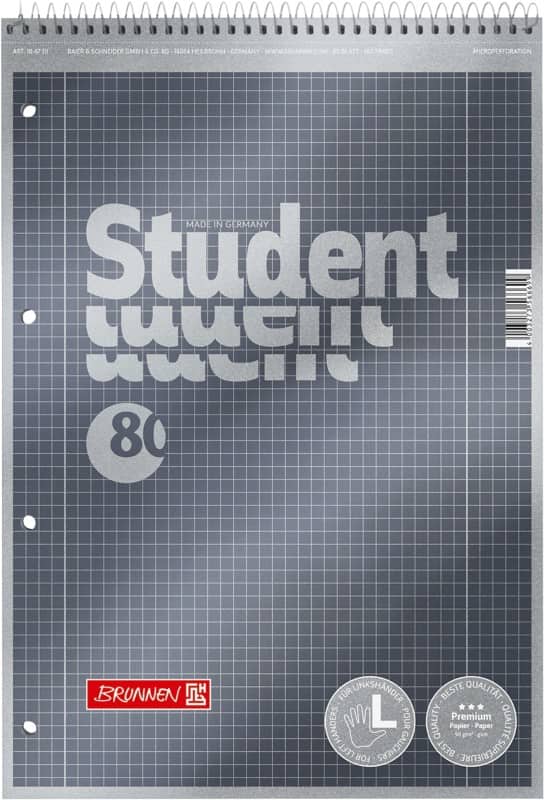 BRUNNEN Student Premium Collegeblock DIN A4 Kariert Spiralbindung Pappkarton Anthrazit Metallic Perforiert 160 Seiten 80 Blatt