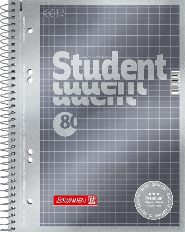 BRUNNEN Student Premium Notizbuch DIN A5 Kariert Spiralbindung Pappkarton Anthrazit-Metallic Perforiert 160 Seiten 80 Blatt