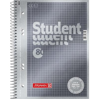 BRUNNEN A5 Student Premium Drahtgebunden Notizbuch mit grauem Kartoneinband Kariert 80 Blatt