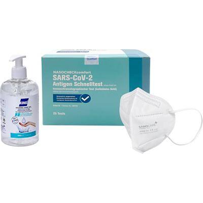 Schutz und Testkit Mundschutzmaske FFP2 Sanocare 20 Stück, Schnelltest Antigen 25 Stück, Handdesinfektionsmittel Konix 500 ml