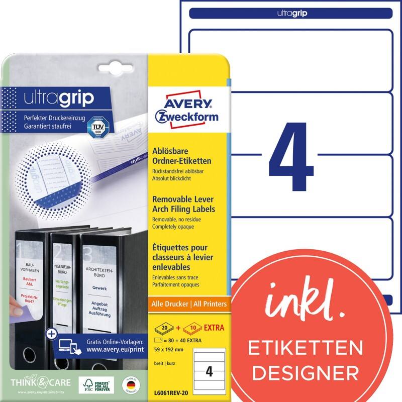 AVERY Zweckform L6061REV-20 Ablösbare Ordneretiketten DIN A4 Weiß 59 x 192 mm 30 Blatt à 4 Etiketten
