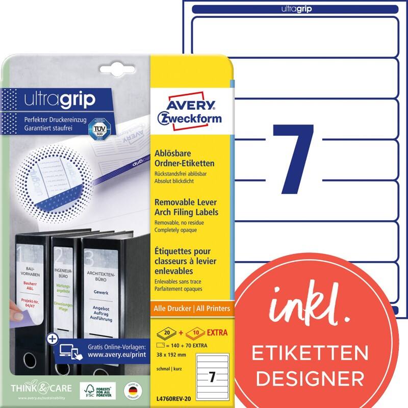 AVERY Zweckform L4760REV-20 Ablösbare Ordneretiketten DIN A4 Weiß 38 x 192 mm 30 Blatt à 7 Etiketten