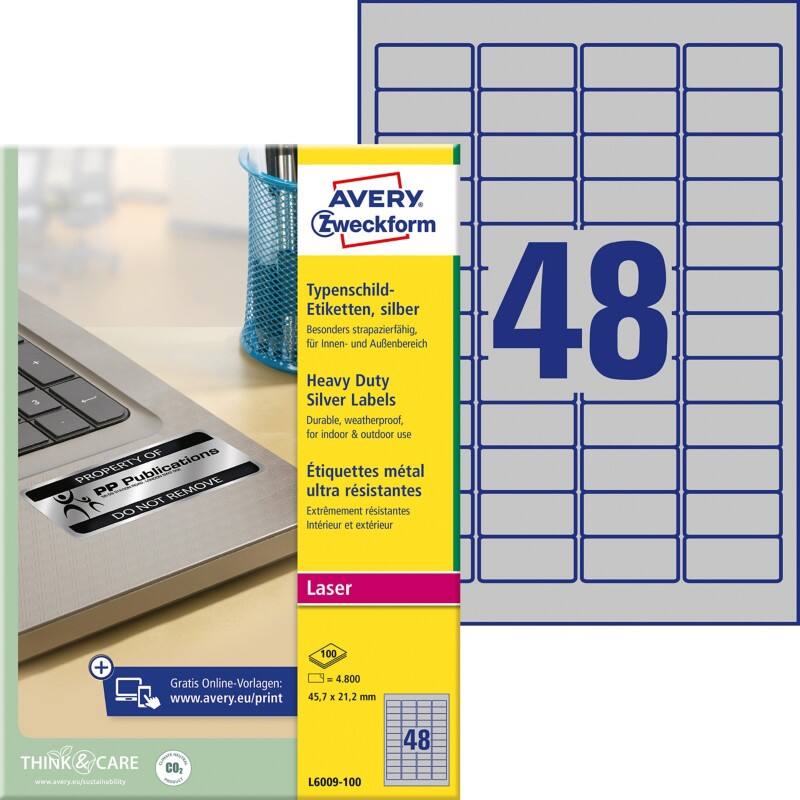 AVERY Zweckform Typenschildetiketten L6009-100 Selbsthaftend DIN A4 Silber 45,7 x 21,2 mm 100 Blatt à 48 Etiketten