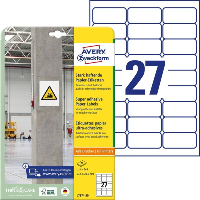 AVERY Zweckform Stark haftend Etiketten L7874-20 Selbsthaftend DIN A4 Weiß 63,5 x 29,6 mm 20 Blatt à 27 Etiketten