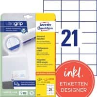 AVERY Zweckform ultragrip Universaletiketten 6174 Selbsthaftend DIN A4 Weiß 7 x 4,23 cm 30 Blatt à 21 Etiketten