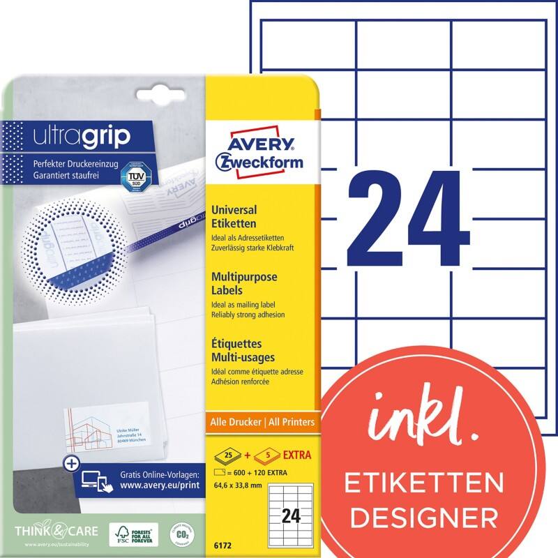 AVERY Zweckform Abziehhilfe QuickPEEL,ultragrip Universaletiketten 6172 Selbsthaftend DIN A4 Weiß 6,46 x 3,38 cm 30 Blatt à 24 Etiketten