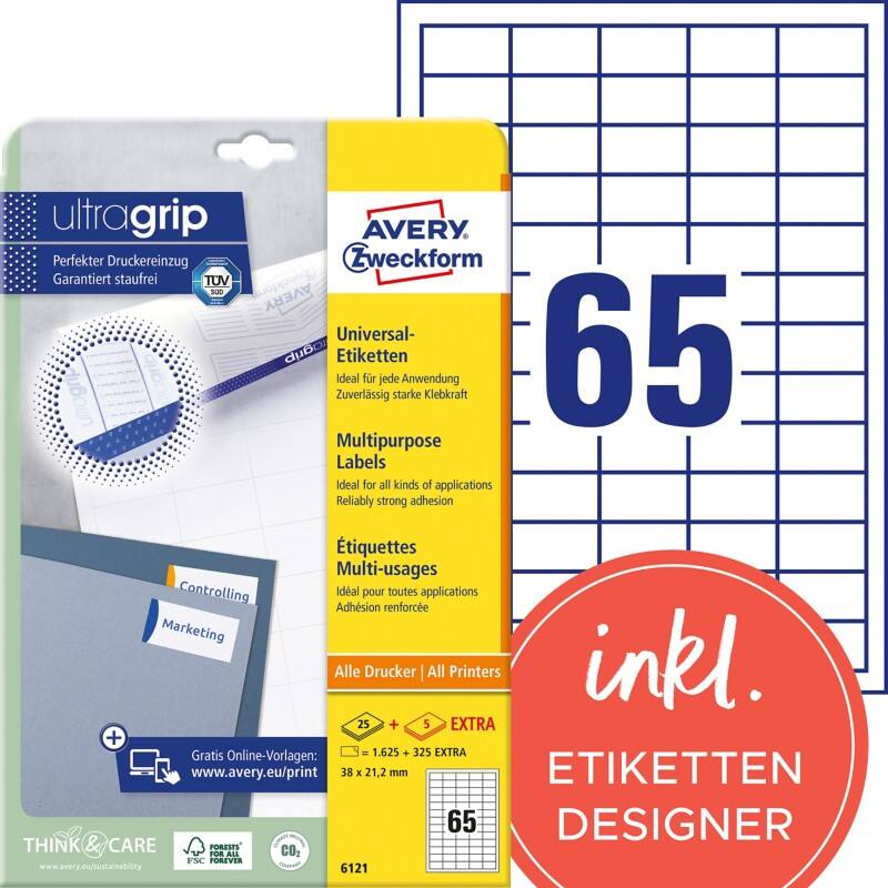 AVERY Zweckform Abziehhilfe QuickPEEL,ultragrip Universaletiketten 6121 Selbsthaftend DIN A4 Weiß 3,8 x 2,12 cm 30 Blatt à 65 Etiketten