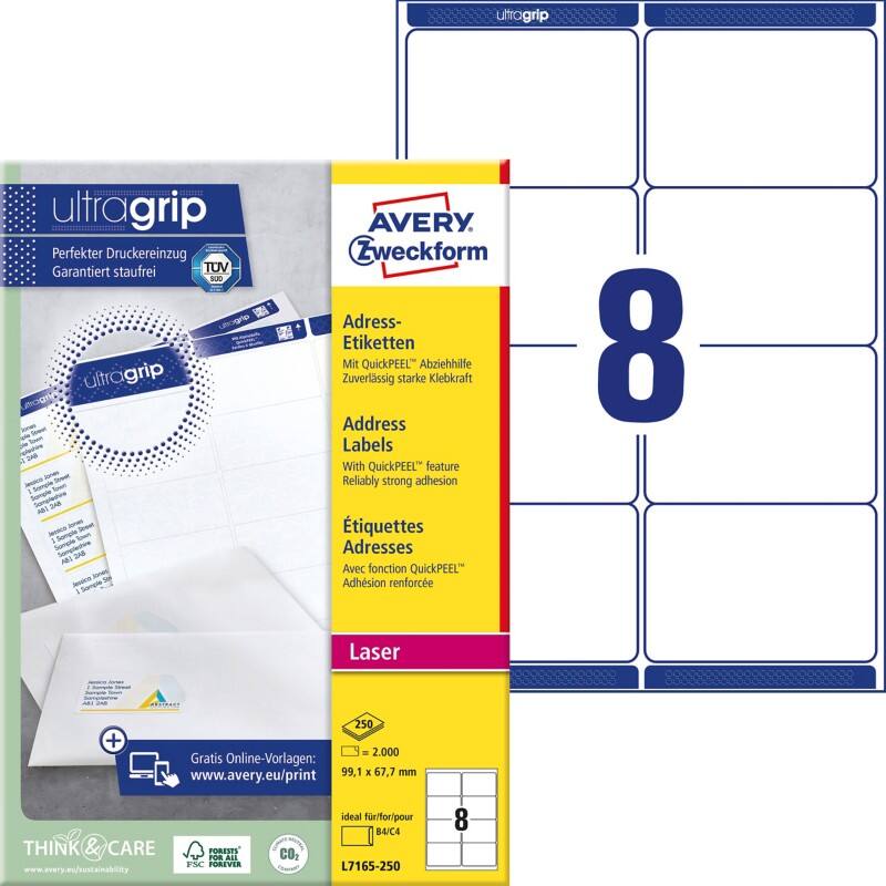 AVERY Zweckform Abziehhilfe QuickPEEL,ultragrip Versandetiketten L7165-250 Selbsthaftend DIN A4 Weiß 9,91 x 6,77 cm 250 Blatt à 8 Etiketten