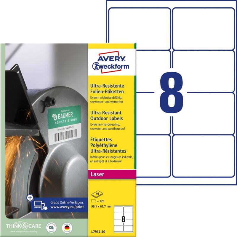 AVERY Zweckform Ultra-Resistent Etiketten L7914-40 Selbsthaftend DIN A4 Weiß 99,1 x 67,7 mm 40 Blatt à 8 Etiketten