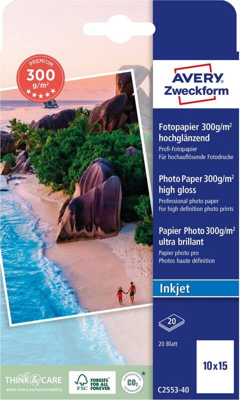 AVERY Zweckform Inkjet Fotopapier Hochglänzend DIN A4 300 g/m² Weiß 20 Blatt