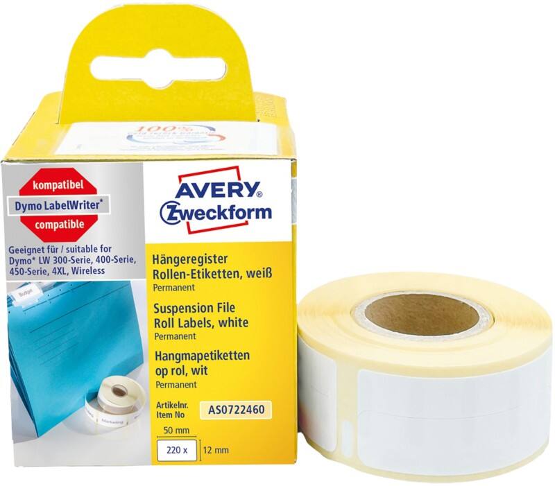 AVERY Zweckform Hängeregister-Etiketten AS0722460 Selbsthaftend Weiß 12 x 50 mm 1 Rolle à 220 Etiketten