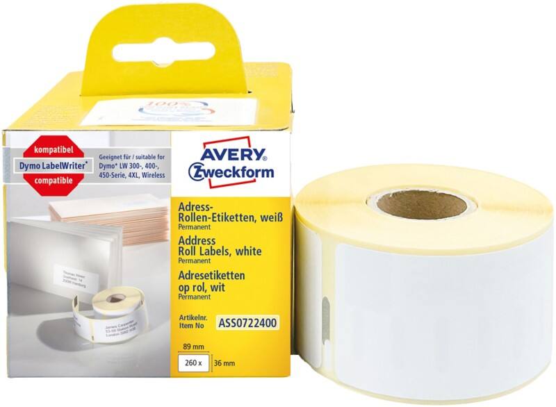 AVERY Zweckform Adressetiketten ASS0722400 Selbsthaftend Weiß 36 x 89 mm 1 Rolle à 260 Etiketten