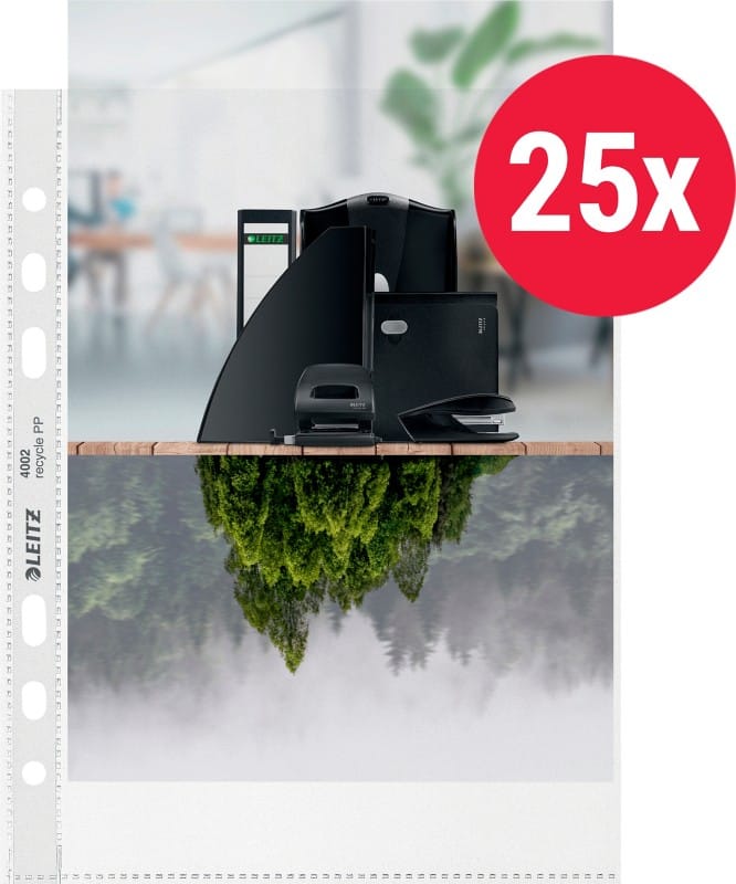Leitz Prospekthüllen 90% Recycelt DIN A5 Genarbt Transparent 100 Mikron PP (Polypropylen) Öffnung oben 6 Löcher 25 Stück