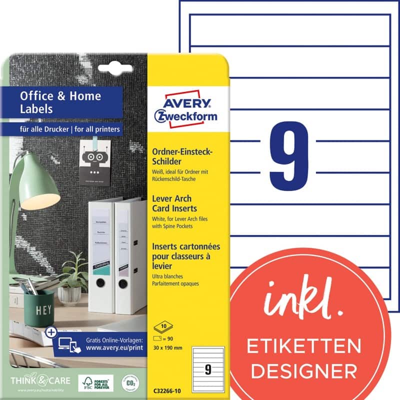 AVERY Zweckform C32266-10 Ordneretiketten DIN A4 Weiß 30 x 190 mm 10 Blatt à 9 Etiketten