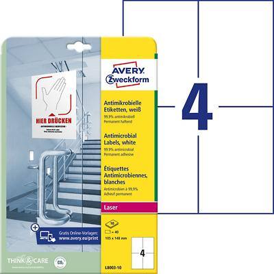 Avery Zweckform Antimikrobiell Laser Etiketten L8003-10 Selbsthaftend DIN A4 Weiß 105 x 148 mm 10 Blatt à 4 Etiketten