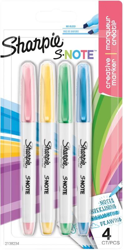Sharpie S-Note Textmarker Farbig sortiert  Mittel Keilspitze  -   4 Stück