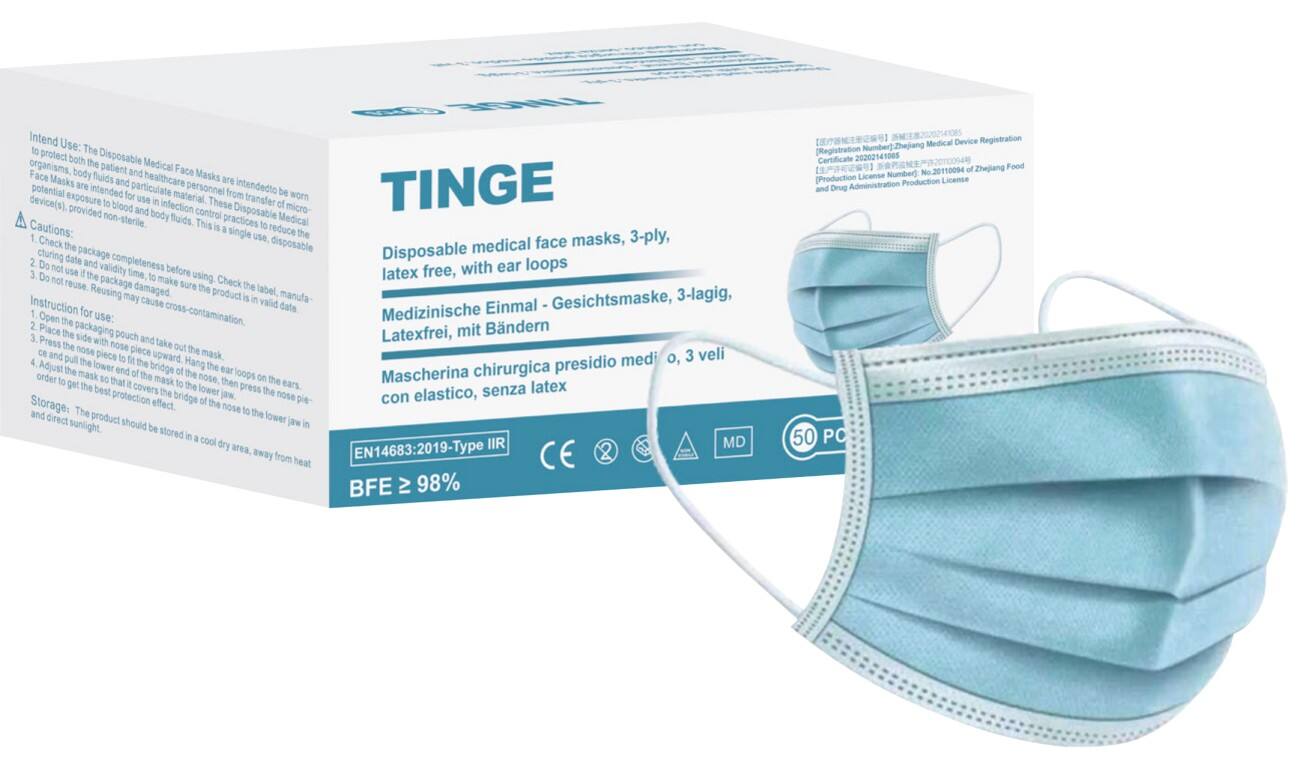 Medizinische Mundschutzmaske Einweg, Typ IIR, Blau, weiß, 50 Stück