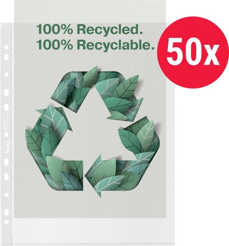 Bene Premium Prospekthüllen 100% Recycelt DIN A4 Genarbt Transparent 100 Mikron PP (Polypropylen) Öffnung oben und recnts 11 Löcher 217300 50 Stück