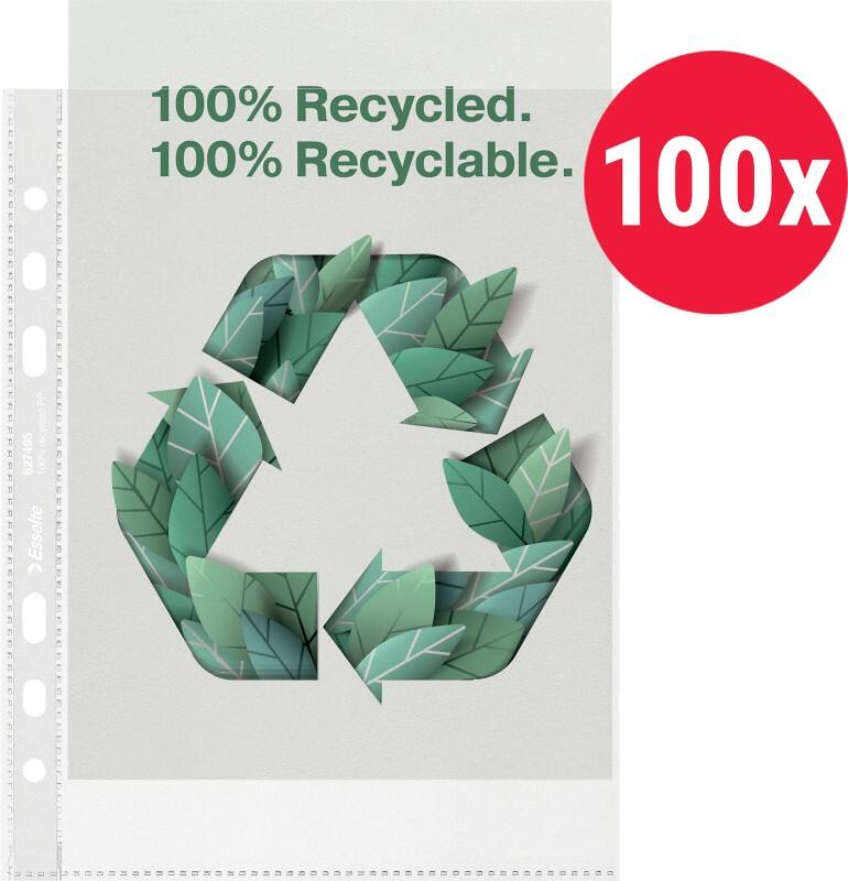 Esselte Prospekthüllen 100% Recycelt DIN A5 Genarbt Transparent 70 Mikron PP (Polypropylen) Öffnung oben 6 Löcher 627495 100 Stück