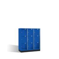 C+P Schließfachschrank Intro H1350xB1220xT480 Korpus: Lichtblau Türen: Acryglas 3 Abdeckplatte weiß Abteile 9 Fächer