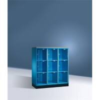 C+P Schließfachschrank Intro H1350xB1220xT480 Korpus: Lichtblau Türen: Acryglas Abdeckplatte silbergrau 3 Abteile 9 Fächer