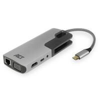 ACT USB-C-auf-HDMI-oder-VGA-Buchse Multiport-Adapter, Ethernet, 3X USB-A, Kartenleser, Audio, PD-Pass-Through