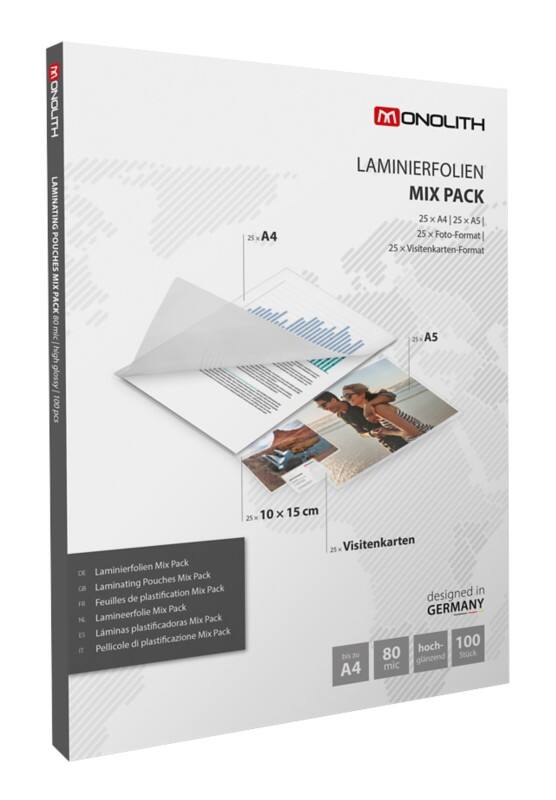 Monolith Laminierfolien DIN A4 Glasklar 80 (2 x 80 Mikron) Transparent 100 Hüllen