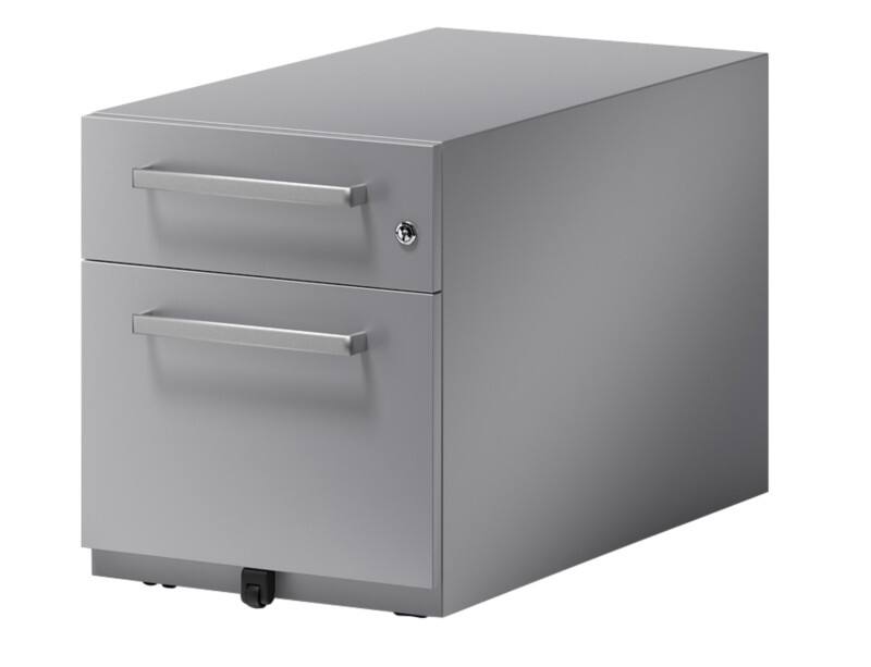 Rollcontainer Note mit Designgriff und einer Universalschublade à Höhe 150 mm und eine Schublade für Hängeregistratur 495 x 420 x 775 mm Silber