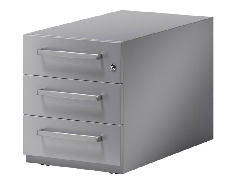 Rollcontainer Note mit Designgriff und drei Universalschubladen à Höhe 150 mm 495 x 420 x 775 mm Silber