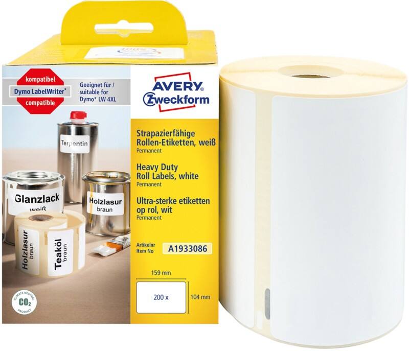 AVERY Zweckform Strapazierfähige Etiketten A1933086 Selbsthaftend Weiß 104 x 159 mm 1 Rolle à 200 Etiketten