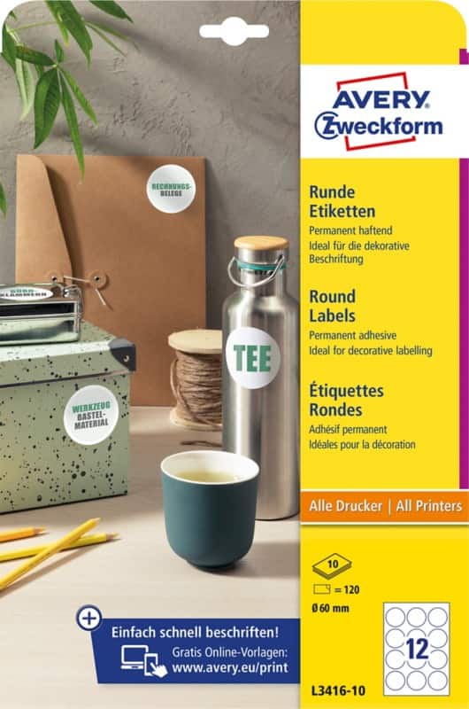 Avery Markierungspunkte L3416-10 Selbsthaftend DIN A4 Weiß 60 mm 10 Blatt à 12 Etiketten