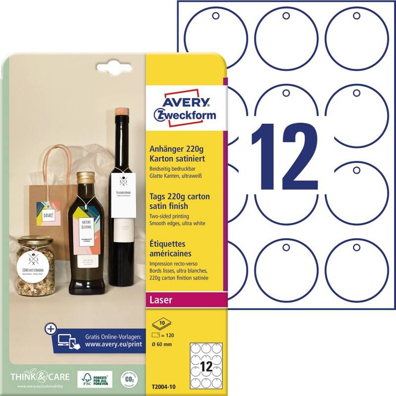 AVERY Zweckform Etiketten Pappkarton 13 x 210 x 297 mm Ultraweiß T2004-10 10 Stück