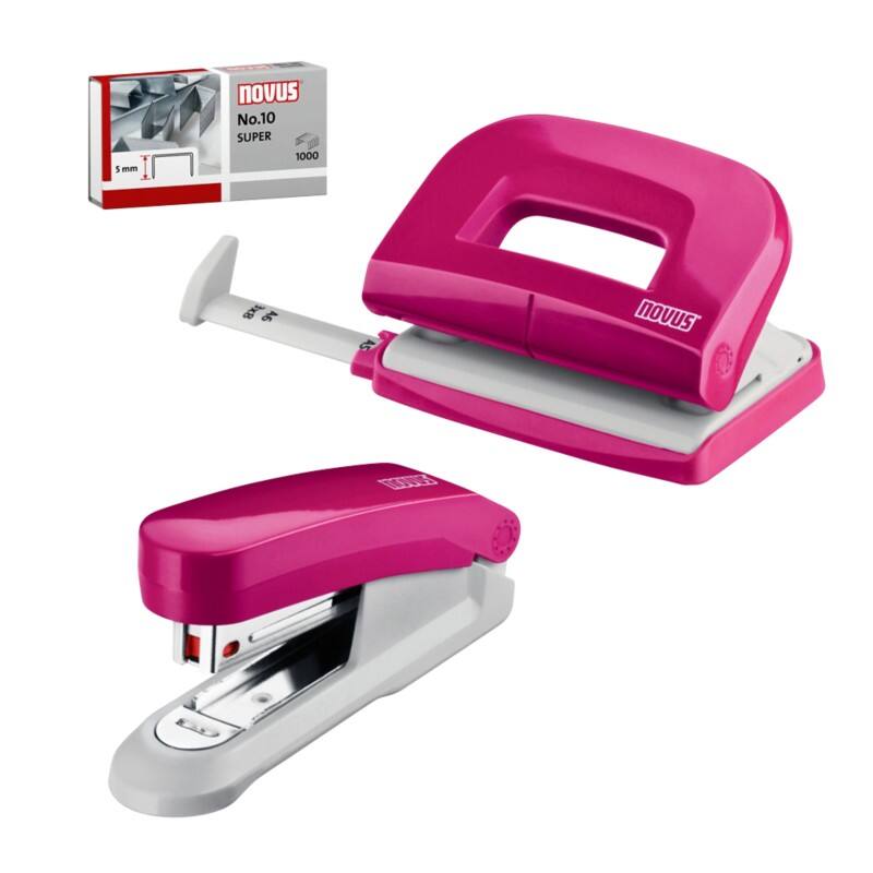 Novus NOVUS OFFICE Heftgerät und Locher 020-1875 Halbstreifen 15 Blatt Pink Nr. 10 Metall, Kunststoff 2 Stück