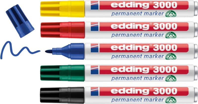 edding 3000 Permanentmarker 100% Recycelt Mittel Filzspitze 1,5 - 3 mm Farbig sortiert Nachfüllbar Wasserbeständig 5 Stück