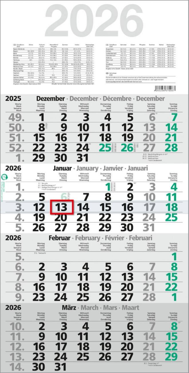 4-Monatskalender M4MFGL 2027 Papier Weiß Deutsch, Englisch, Französisch, Niederländisch