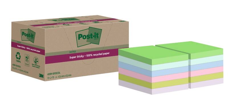 Post-it Super Sticky Recycelte Haftnotizen 47,6 x 47,6 mm Farbig sortiert 70 Blatt 12 Blöcke