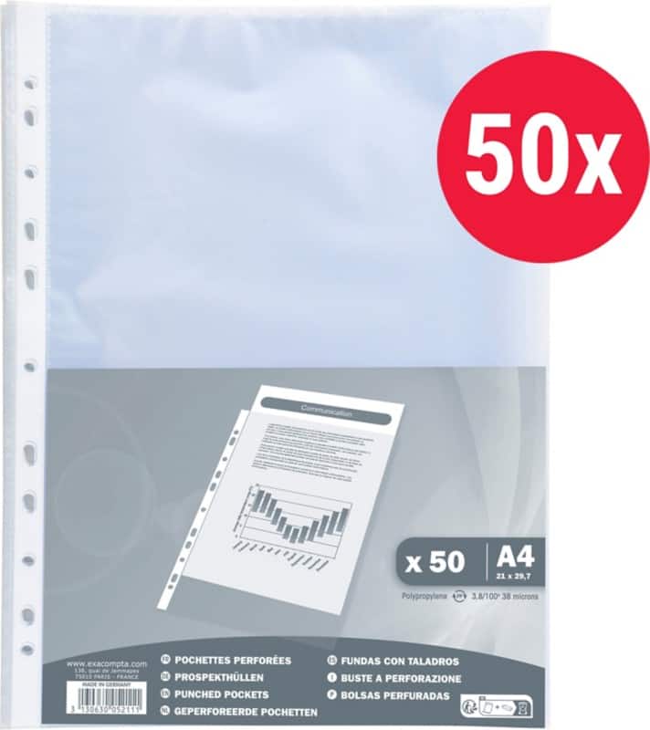 Exacompta Klarsichthülle  DIN A4 Genarbt Transparent 40 Mikron PP (Polypropylen) Öffnung oben 5211E 50 Stück