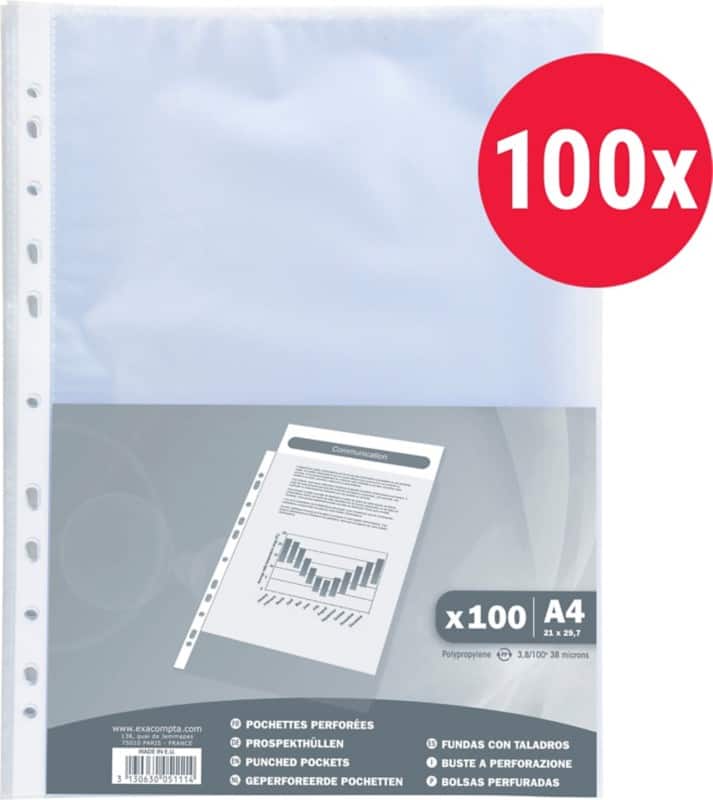 Exacompta Klarsichthüllen  DIN A4 Genarbt Transparent 40 Mikron PP (Polypropylen) Öffnung oben 5111E 100 Stück