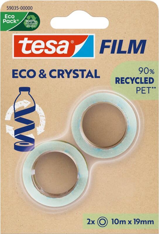 tesa Klebeband tesafilm Eco & Crystal 59038 Transparent 19 mm (B) x 10 m (L) PET (Polyethylenterephthalat) Niedrige Lautstärke 90% Recycelt 2 Rollen