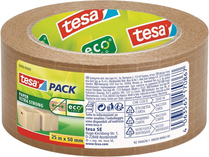 tesa Verpackungsklebeband Niedrige Lautstärke tesapack Paper Ultra Strong Braun 50 mm (B) x 25 m (L) Packpapier, Synthetisches Gummi