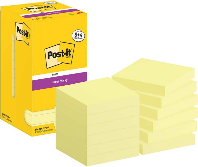 Post-it Super Sticky Haftnotizen Quadratisch 76 x 76 mm Blanko Gelb 654-SSCY-P8+4 90 Blatt Vorteilspack 8 + 4 Gratis
