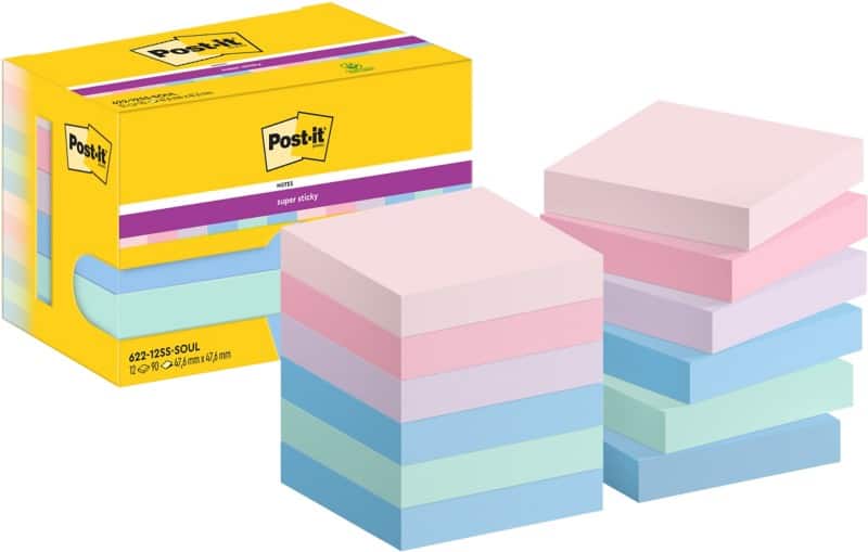 Post-it Super Sticky Haftnotizen 622-12SS-SOUL 47,6 x 47,6 mm 90 Blatt pro Block Blau, Grün, Rosa, Violett Quadratisch Unliniert 12 Stück