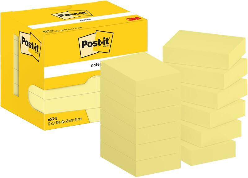 Post-it sticky notes haftnotizen 653-e 38 x 51 mm 100 blatt pro block gelb 12 stã¼ck
