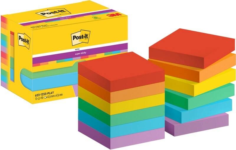 Post-it Super Sticky Haftnotizen 622-12SS-PLAY 47,6 x 47,6 mm 90 Blatt pro Block Blau, Gelb, Grün, Orange, Rot, Violett Quadratisch Unliniert 12 Stück