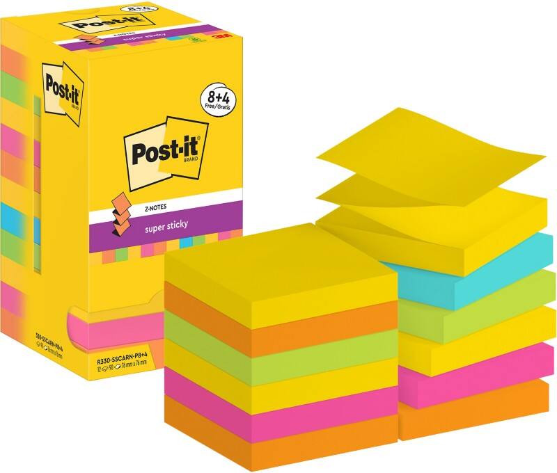 Post-it Super Sticky Z-Notes Haftnotizen R330-SSCARN-P8+4 76 x 76 mm 90 Blatt pro Block Blau, Gelb, Grün, Orange, Rosa 12 Stück (8 + 4 Gratis)