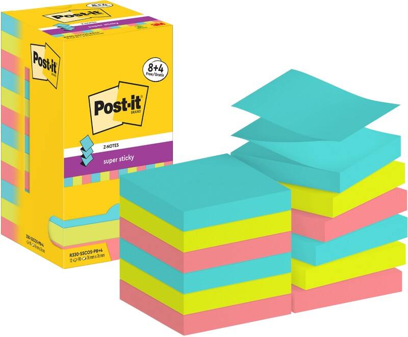 Post-it Cosmic Colours Super Sticky Z-Notes Quadratisch 76 x 76 mm Blanko Farbig Sortiert R330-SSCOS-P8+4  90 Blatt Vorteilspack 8 + 4 Gratis