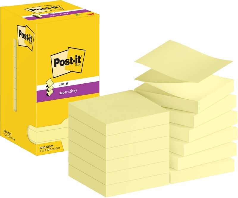 Post-it Super Sticky Z-Notes Haftnotizen R330-12SSCY 76 x 76 mm 90 Blatt pro Block Gelb 12 Stück