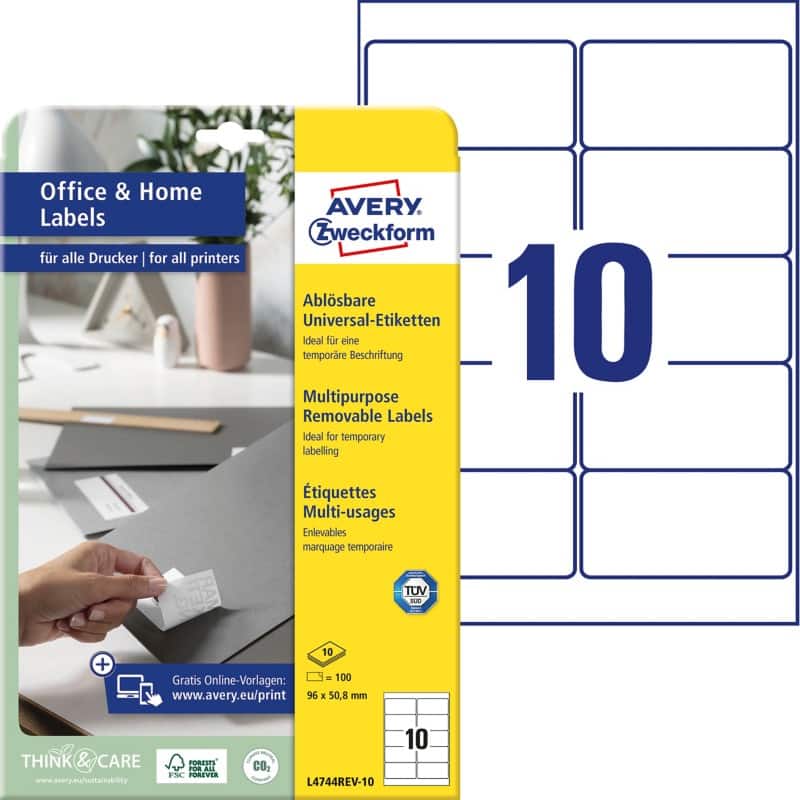 AVERY Zweckform Ablösbare Universaletiketten L4744REV-10 Selbsthaftend DIN A4 Weiß 9,6 x 32,7 x 5,08 cm 10 Blatt à 10 Etiketten