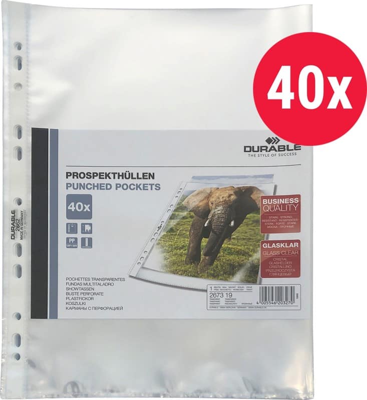 DURABLE Business Prospekthüllen  DIN A4 Glasklar Transparent 60 Mikron PP (Polypropylen) Öffnung oben 11 Löcher 2673 40 Stück